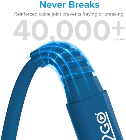 i2 GO MFi Certified 4 ft Lightning Flat Charging Cable – Efficient, Tangle-Free i Phone Charger for 14/13/12/11 & i Pad – Stylish Blue Design for Enhanced Durability and Speed
