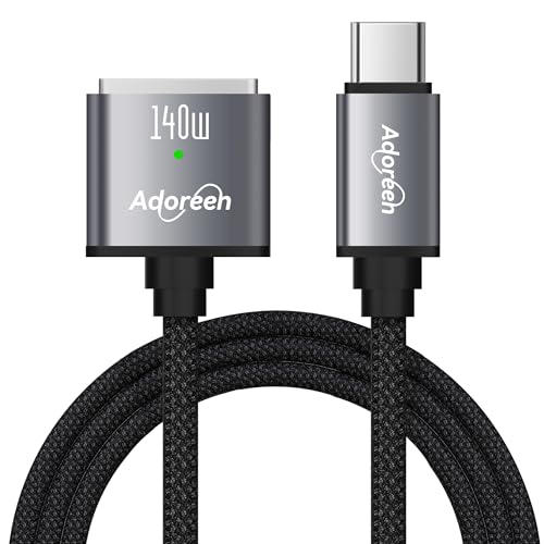 Adoreen 140W USB-C to Magnetic 3 Safe Fast-Charging Cable 6 Ft with 240W to USB-C Adapter, PD 3.1, LED Indicator, Braided Apple Magsafe Charger Accessories for Ipads, MacBook Pro & MacBook Air, Black – Enhanced Compatibility and Speed