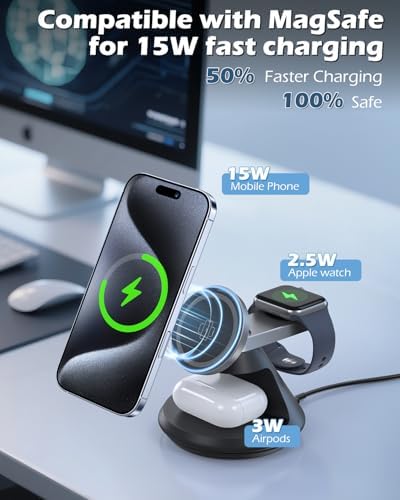 Ultimate 3-in-1 Mag Safe Charging Station: 15 W Fast Wireless Charger with 360° Rotating Dock for i Phone 16/15/14/13/12, i Watch, and Air Pods – Enhanced Magnetic Alignment, Anti-Slip Design, and Dual Orientation Stand for Seamless Charging Experience
