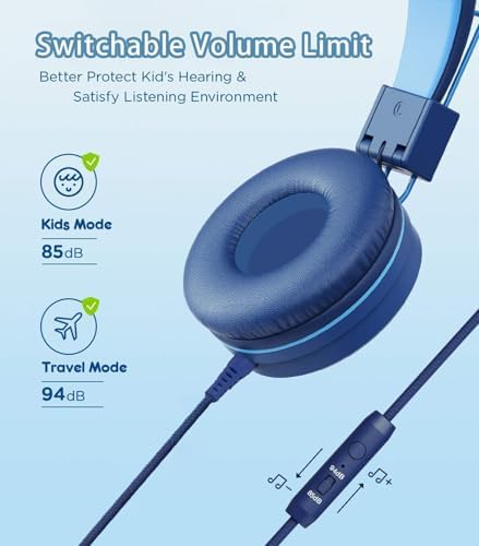 Vibrant Blue Kids Bluetooth Headphones with LED Lights – Safe Volume Limiter (85/94 d B) for Ear Protection – Fast USB Type C Charging – Comfortable On-Ear Design for School & Travel – Integrated Microphone for Clear Online Communication – Perfect for Boys & Girls