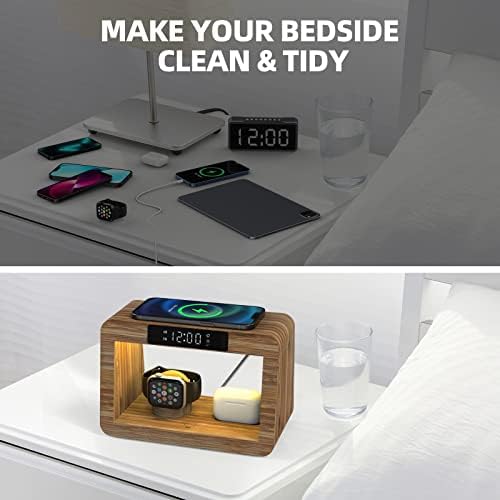Eco-Friendly Bamboo Charging Station with 15 W Fast Wireless Charging, Adjustable Night Light & Multi-Device Compatibility for i Phone, i Watch, Air Pods, and Samsung – Sleek Nightstand Solution with 3 Color Modes and 4 Brightness Levels, Includes Adapter for Enhanced Efficiency