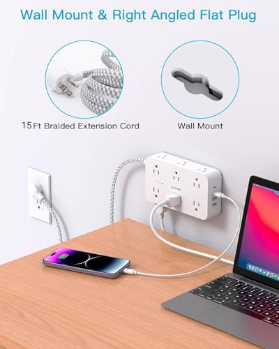 HANYCONY 12-Outlet Power Strip Surge Protector with 4 USB Ports (2 USB-C) – 6 ft Flat Extension Cord with 1800 J Surge Protection, Wall-Mountable Charging Station for Home, Office, and Dorm Room – Ultimate Device Connectivity and Fast Charging Solutions