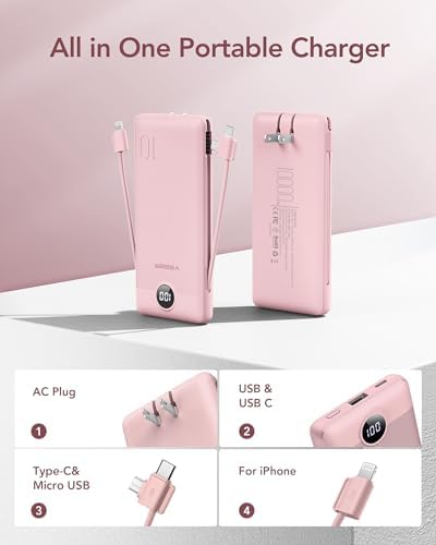 VEGER 10000 m Ah Slim Fast Charging Portable Power Bank with Built-In Cables and Wall Plug – Essential Travel Battery Pack for i Phone, i Pad, Samsung & More in Vibrant Green – Unmatched Convenience and Speed for Mobile Users