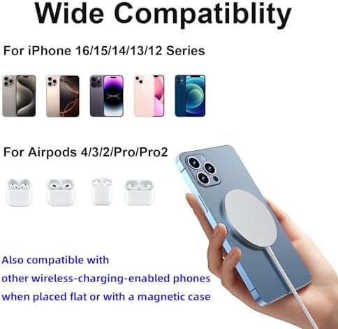 Mag Safe Charger 2 Pack – 15 W Magnetic Wireless Fast Charging Pads for i Phone 16/15/14/13/12 & Air Pods – Slim, Portable Design with Durable Aluminum Alloy – Quick USB-C/A Compatibility – Stylish Silver Finish for Ultimate Convenience and Efficiency