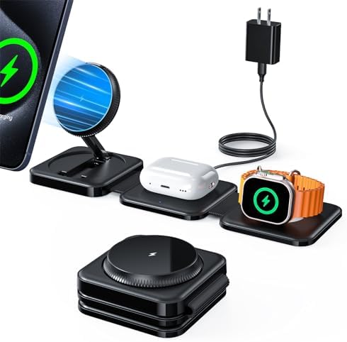 Hinyx 3-in-1 Magnetic Wireless Charging Station – Foldable Portable Charger for i Phone 12/13/14/15, Apple Watch & Air Pods – Enhanced Compatibility & Fast Charging Solution for Travel and Daily Use