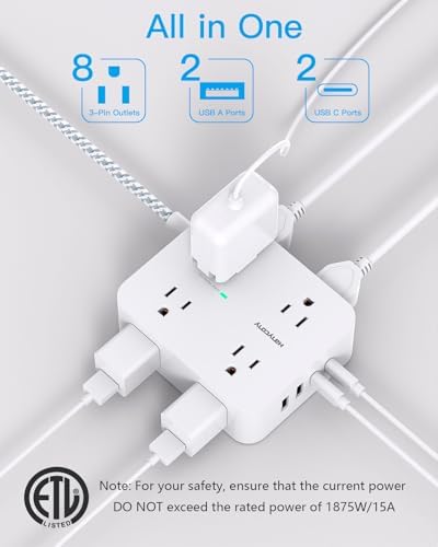 HANYCONY 6 ft Surge Protector Power Strip with 8 Outlets & 2 USB-C Ports – Essential College Dorm Extension Cord with Space-Saving Flat Plug for Fast Charging and Device Safety – Perfect for Home Office and Tech Needs