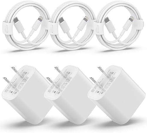 Fast Charging i Phone Charger Trio – Apple MFi Certified 20 W Type C Wall Blocks with 6 FT USB C to Lightning Cables for Ultimate Compatibility with i Phone 14/13/12/11/Xs Max/XR/X and Air Pods Pro – Enhanced Speed and Flexibility for Everyday Use