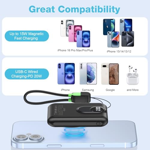 Compact Magnetic Power Bank for i Phone 12-16 | 5000 m Ah Slim Wireless Charger with 20 W Fast Charging, Detachable USB-C & i OS Cable, LED Display | Ultimate Portable Power Solution in Black
