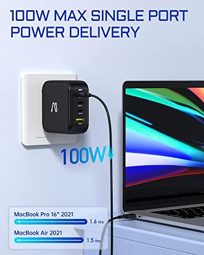 Ultra-Fast 100 W Ga N Wall Charger – 4-Port USB-C Power Adapter for Simultaneous Device Charging, Compact and Foldable Design, Compatible with Mac Book Pro, i Pad Pro, i Phone 14, Galaxy S9, and More – Efficient Power Solution for Home and Travel