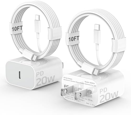 Dual Pack 20 W USB-C Fast Charger for i Phone 16/15 with 10 FT Long Cable – Superior Compatibility and Rapid Charging Solution for i Pad Pro 12.9/11 inch, i Pad Mini 6, Air 4 – Enhance Your Mobile Experience with Unmatched Speed and Flexibility