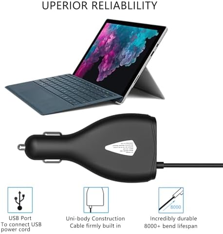 High-Performance 70 W Surface Car Charger for Microsoft Devices – Compatible with Surface Pro 3 to Pro 8, Surface Book, Surface Go & Laptop – Dual USB Fast Charging with 5 V 2 A Port and 4.8 Ft Cord – Reliable Power Supply for On-the-Go Professionals