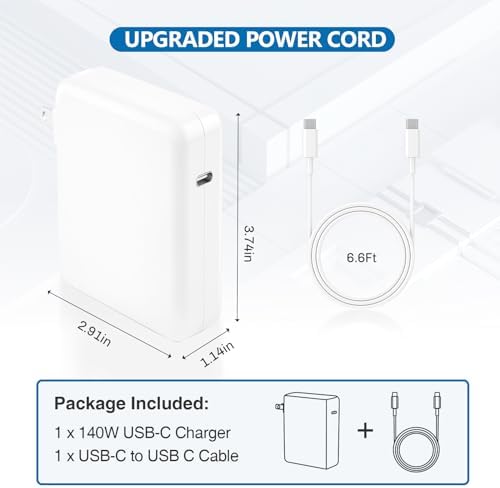 Versatile 140 W USB-C Power Adapter for Mac Book Pro & Air – Fast Charging Solution for All USB-C Devices | 6.6 ft USB-C to C Cable Included | High-Efficiency Design with Overload & Heat Protection | Ideal for Mac Book Pro 16″, 15″, 14″, 13″ Models & i Pad Pro | Unmatched Performance with 99% Efficiency & Wide Compatibility | Safe Charging for Laptops, Tablets, & Smartphones