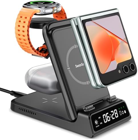 Ultimate 3-in-1 Wireless Charging Station for Samsung Z Flip Series & Galaxy Devices – Fast Charging Dock for Galaxy Watch Ultra/7/6/5 Pro & Galaxy Buds – Travel-Friendly, Adapter-Free Design for Enhanced Compatibility and Efficiency