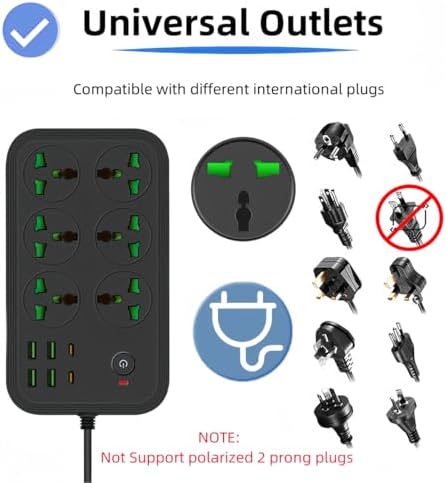 Universal 12-in-1 Power Strip with USB C – All-in-One Travel Extension Cord Featuring 6 Extra-Wide Outlets and 4 Fast-Charging USB Ports, 110-240 V, Max 3000 W, Wall-Mountable Surge Protector for European Journeys and Home Use – Effortless Device Management and Enhanced Safety