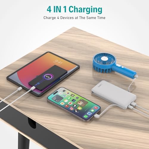 Ultra-Slim 10,000 m Ah Portable Power Bank with Integrated Charging Cables – Lightweight Multi-Device USB Type C Fast Charger for i Phone, Samsung, Android, and More – Ideal Travel Companion for Seamless Power on the Go
