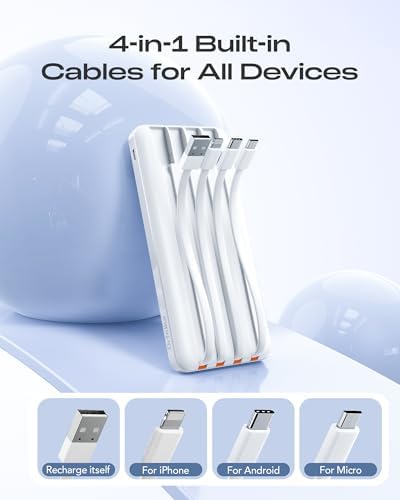 High-Capacity 20000 m Ah Fast Charging Power Bank with Built-In Cables – Ultimate Portable Charger for i Phone 16/15, Galaxy, and Android Devices | 20 W PD USB-C Battery Pack for Travel Enthusiasts with 6 Outputs for Multi-Device Charging