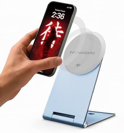 Infina Core Magnetic Wireless Charger Stand for Apple Devices – Qi2 Certified 15 W Fast Charging Dock for i Phone and Air Pods – Sleek, Durable Bedside Charging Station with Magnetic Alignment and Seamless Mag Safe Compatibility – Organize Your Tech Effortlessly