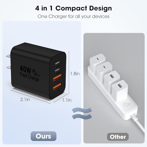 40 W USB C Charger Block – 2 Pack 4-Port Fast Charging Adapter for i Phone & Samsung Devices – PD 3.0 & QC 4.0 Dual Quick Charge Technology – Multi-Device Compatibility in Sleek Black Design – Safe, Efficient Charging Solution for Home & Travel