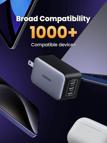 UGREEN Nexode 65 W USB-C Charger Block – Enhanced 3-Port Ga N Power Adapter for Fast Charging Compatible with i Phone 16/15, Galaxy S24/S23, Mac Book Pro/Air, i Pad Pro/Air, Pixel 9/8, and Steam Deck – Superior Efficiency, Compact Design, and Triple Device Flexibility for Ultimate Convenience