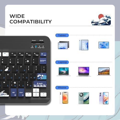 Ultra-Portable XVX WK60 Foldable Bluetooth Keyboard with Kanagawa Wave Art – Multi-Device Compatible Wireless Keyboard for i Pad, i Phone, Mac Book, Android & Windows – Long-Lasting 20-Hour Battery Life – Elevate Your Typing Experience Anywhere