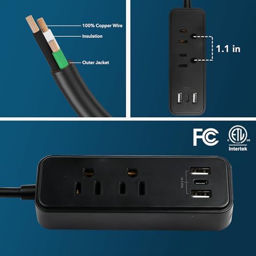 Elevate Your Charging Game with the Clear Power 2-Outlet Power Strip – 6 ft Flat Plug Power Station Featuring 3 USB Ports (1 USB-C) for Rapid Device Charging, Ideal for Home, Office & Travel, Durable & Compact Design, White, Model DC3 S-1102-DC