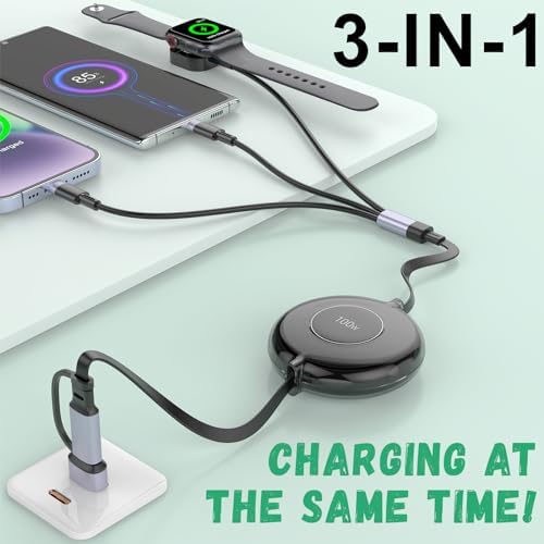 Ultimate 100 W 5-in-1 Retractable Charging Cable – Versatile Fast Charging Solution for i Phone, i Pad, and Apple Watch | USB A/Type C to Lightning & USB C Compatibility | Compact 4 FT Design for Travel Convenience | Durable High-Speed Multi-Device Cord for Everyday Use