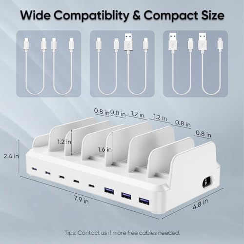 High-Power 300 W Multi-Device Charging Station: 8-Port USB-C Fast Charger Dock with 6 Cables for Mac Book, i Phone 16/15/14/13/12, Samsung, Pixel & i Pad – Sleek White Design for Ultimate Efficiency and Versatility