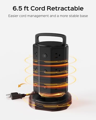 JACKYLED Power Strip Tower Surge Protector with 12 Outlets and 6 USB Ports (2 USB-C) – High-Speed Charging Station with 1050 Joules Protection, 1625 Watts, 6.5 ft Extension Cord for Enhanced Home Office Efficiency and Device Safety