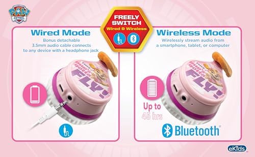 Paw Patrol Skye Kids Bluetooth Headphones – Safe and Stylish Wireless Sound with Built-in Microphone and Volume Limiting for Hearing Protection – Travel-Friendly Foldable Design Ideal for School and Home Use – Enhanced Comfort for Young Listeners and Versatile Compatibility across Devices