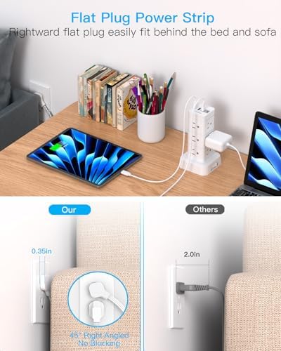 High-Performance Surge Protector Power Strip Tower with 12 Outlets and 4 USB Ports (2 USB-C) – Versatile Desktop Charging Station for Home Office and College Dorms, 6 Ft Flat Plug Extension Cord, Space-Saving Design for Enhanced Device Connectivity and Safety