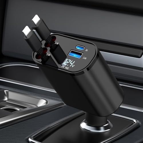 Ultimate 4-in-1 Retractable Car Charger for Galaxy & Pixel Devices – 60 W Fast Charging with Dual USB Ports and Tangle-Free Cable Design for Enhanced Convenience and Performance