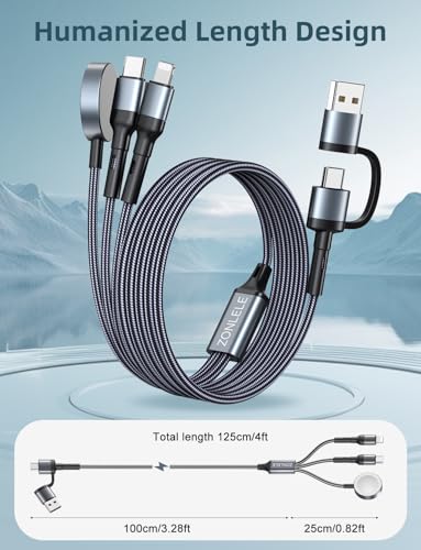 4 FT USB-C Multi-Device Charging Cable Duo for Apple Watch and i Phone – Superior 3-in-2 Charging Solution for i Watch Models and i Phone 16/15/14/13/12/11 & Galaxy S23 – Enhanced Rapid Charging, Exceptional Durability, and Total Convenience for Mobile Users