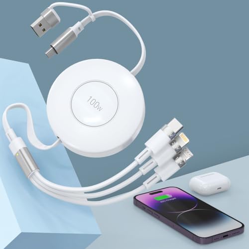 Versatile 5-in-1 Retractable USB C Charging Cable – Ultra-Fast 100 W Multi-Device Charger for i Phone & Android, Compact Lightning/Micro USB/USB A Compatible Cord for i Pad Pro, Samsung, and More – Tangle-Free Travel Essential