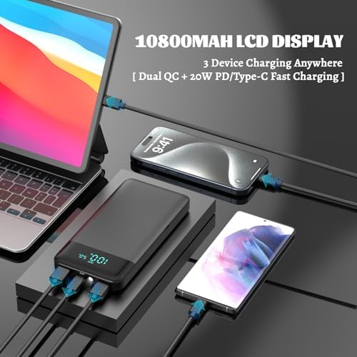 Ultra Slim 10800 m Ah Portable Charger with LCD Display – Fast Charging Power Bank with 20 W PD USB-C Output, Ideal for i Phone 15, 14 & Samsung Android – Compact Power Solution for On-the-Go Charging