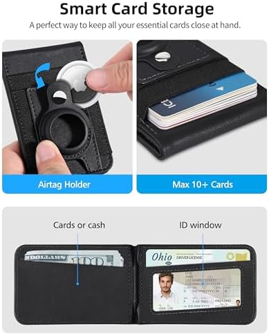 for Magsafe Wallet Stand with Airtag Holder, Strongest Magnetic Wallet for iPhone 16/15/14/13/12 Series, ID Window, 4 Card Slots, 10 Cards Holder, Vegan Leather, RFID Blocking, Black – Enhanced Compatibility and Speed