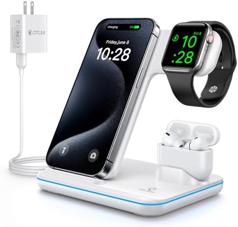 WAITIEE 3-in-1 Wireless Charging Station for i Phone, Apple Watch & Air Pods – Fast, Stylish Blue Charger with Enhanced Compatibility for i Phone 16, 15, 14, 13, 12, 11, X, 8 & Air Pods Pro – Ultimate Travel-Friendly Charging Solution with Safety Features