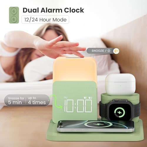 Multifunctional 7-in-1 Wireless Charging Station with Dual Alarm Clock – Seamlessly Compatible Dock for i Phone 16/15/14/13/12/11/Pro/Max, Samsung Phones, Apple Watch 9/8/7/6/5/SE, and Air Pods – Fast Charging, Night Light, and Safety Features for Ultimate Convenience and Style