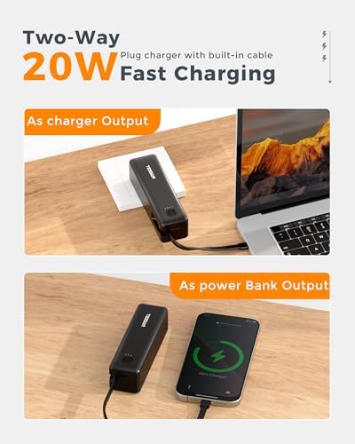 TESSAN 3-in-1 Portable Power Bank Charger – 20 W Fast Charging with Built-In USB-C Cable, 5000 m Ah Capacity, AC Outlet Compatibility for i Phone 16/15, Samsung, and Tablets – Ultimate Travel Charging Solution for Dual Device Power Needs