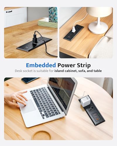 Sleek Recessed Power Strip with 20 W USB-C Fast Charger & USB-A Port – Space-Saving Desk Outlet for Effortless Device Charging, 6 ft Cord & 45° Slim Plug for Easy Access in Furniture – Ideal for Home Office and Conference Rooms