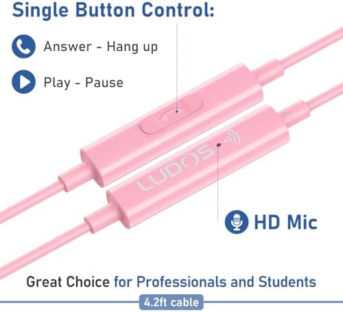 LUDOS Clamor Wired Earbuds – Premium Noise-Isolating In-Ear Headphones with Memory Foam Tips, Built-in Microphone, 5-Year Warranty – Perfect for i Phone and Samsung Users, Ideal for Students and Small Ears in Stylish Pink – Ultimate Sound Quality and Comfort for Everyday Use