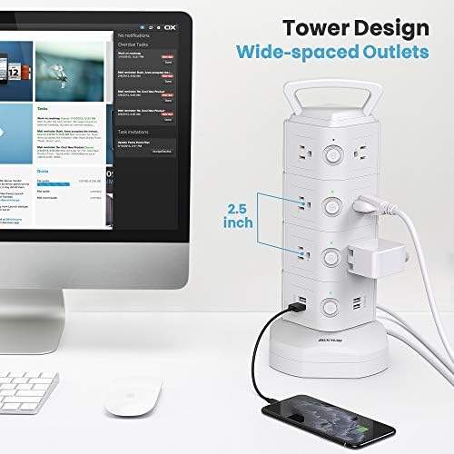 JACKYLED Power Strip Tower Surge Protector with 12 Outlets and 6 USB Ports (2 USB-C) – High-Speed Charging Station with 1050 Joules Protection, 1625 Watts, 6.5 ft Extension Cord for Enhanced Home Office Efficiency and Device Safety