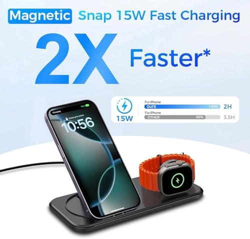 Dual Wireless Charging Station for Mag-Safe: 15 W Fast Charger Pad for i Phone 16/15/14/13/12/Pro/Max, Air Pods & Apple Watch Series 10/9/8/7/6/SE/5/4/3/Ultra 2 – Sleek Design with Enhanced Safety Features and Efficient Device Alignment