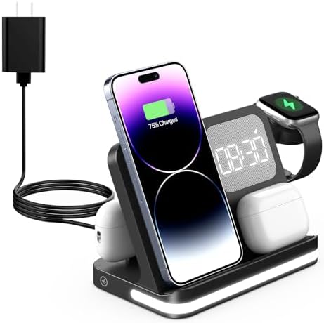 Revolutionary 7-in-1 Wireless Charging Station for Apple and Android Devices – Fast Charging Dock with Adjustable Night Light, Alarm Clock, and Anti-Slip Design for i Phone, Air Pods, and Apple Watch – Ultimate Convenience and Safety for Your Charging Needs