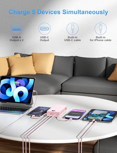 Ultimate 20,000 m Ah Portable Charger with Wall Plug – Fast Charging USB-C Power Bank with Built-in Cables, Digital Display, and Versatile 5 Output Ports for i Phone, Android, and Tablets – Stay Charged Anywhere with Enhanced Compatibility and Speed