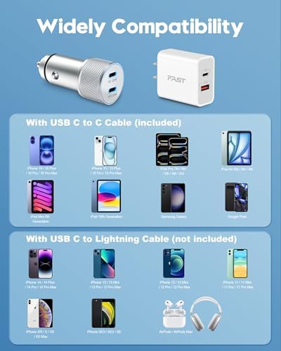 Power Up Your Devices with 20 W USB-C Wall Charger & 40 W Car Adapter for i Phone 16/15 – Complete Charging Kit with 2 Durable 6 FT USB-C Cables | Fast Charging Dual Port Solution for i Phone, i Pad & Galaxy | Enhanced Compatibility for On-the-Go Users
