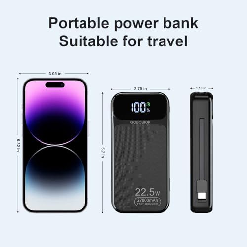 Ultra-Fast 27000 m Ah Portable Power Bank with Dual Built-in Cables and LCD Display – 22.5 W High-Capacity Charger for Smartphones, Tablets, and More – Ultimate Reliability and Efficiency for On-the-Go Charging