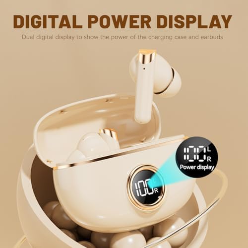 Unleash Your Music with 50-Hour Playtime Wireless Bluetooth Earbuds – IPX7 Waterproof & Noise-Cancelling Technology for Active Lifestyles | Ergonomic Chic Beige Design with Integrated Microphone & LED Battery Gauge for Effortless Connectivity and Ultimate Comfort