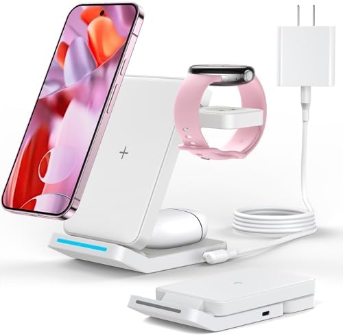Revolutionary 3-in-1 Foldable Wireless Charger for Google Pixel Devices – Fast Charging Stand for Pixel Watch 3/2, Pixel 9 Pro/XL/9 a/8 Pro/8 a/7 Pro/7 a/6 Pro & Pixel Buds Pro 2 – Compact, Portable Design with Adapter Included – Sleek White Finish for Home or Travel – Ultimate Solution for Efficient Multi-Device Charging