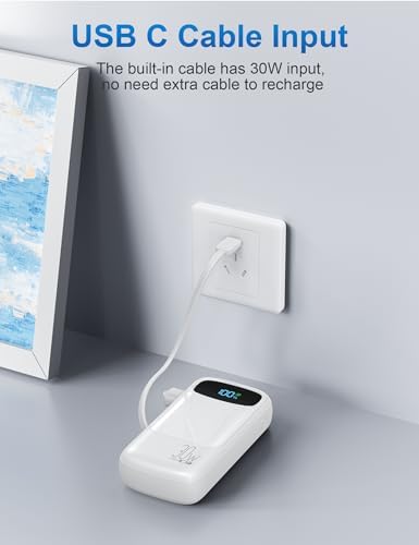 Compact 10,000 m Ah Fast Charging Power Bank with Built-In USB-C Cable for i Phone 16/15, Mac Book, Galaxy, and i Pad – Ultimate Travel Battery Pack for On-the-Go Charging Needs