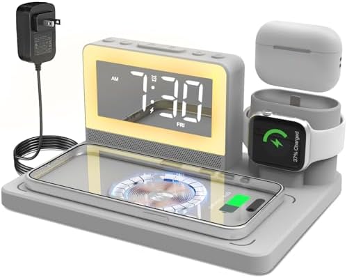 Revolutionize Your Charging Routine with the 7-in-1 Wireless Fast Charging Station – All-in-One Alarm Clock Dock for i Phone, Samsung Galaxy, Apple Watch & Air Pods – Enhanced Speed, Sleek Design, and Safety Features for Ultimate Convenience